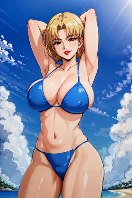 (masterpiece, best quality:1.2), 1girl, solo, short hair, arms up, arms behind head, contrapposto, smirk, large lips, bangs, blonde hair, brown eyes, (huge breasts:1.1), blue bikini, earrings, mole under eye, makeup, lipstick, red lips, beach, palm trees, blue skies <lora:RITSUKO-15:0.6>