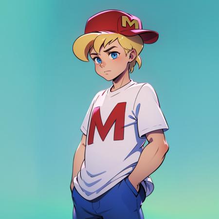 solo, 1boy, mighty max, blonde hair, red hat, white shirt, blue pants, blue eyes,  short sleeves,  hands in pockets, sideways hat, 