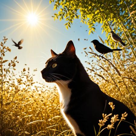 close-up Create a striking and stimulating composition about pets, whether this composition includes only cats, dogs and birds, background sunny day