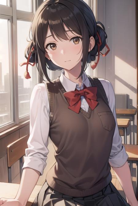 mitsuhamiyamizu, <lora:mitsuhatest:1>,
mitsuha miyamizu, black hair, (brown eyes:1.5), hair ribbon, (small breast:1.2),
BREAK bow, bowtie, kneehighs, pleated skirt, red bow, red bowtie, school uniform, skirt, sweater vest, brown vest,
BREAK looking at viewer,
BREAK indoors, classroom,
BREAK <lora:GoodHands-vanilla:1>, (masterpiece:1.2), best quality, high resolution, unity 8k wallpaper, (illustration:0.8), (beautiful detailed eyes:1.6), extremely detailed face, perfect lighting, extremely detailed CG, (perfect hands, perfect anatomy),