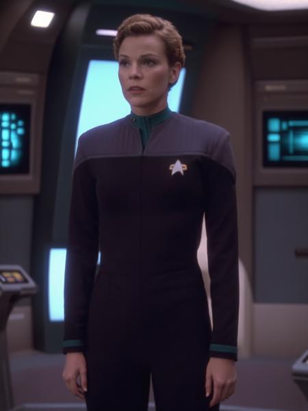 young woman in black and teal ds9st uniform,in dsnstation room<lora:DS9XL:0.8>