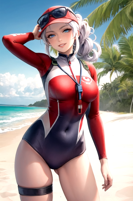 ShorePatrolLian, one-piece swimsuit, long sleeves, hat, eyewear on head, thigh strap, sandals