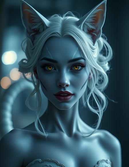 cinematic photo cinematic style, beauty, realism, photorealism, chiaroscuro, high quality, 1girl, pale dusky blue skin, white cat ears and a white cat tail, pronounced fangs, cat-like facial markings, white hair in two large ringlets, a female miqo'te with a petite build, bright yellow eyes . 35mm photograph, film, bokeh, professional, 4k, highly detailed