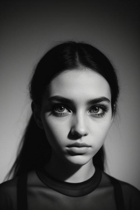 Beautiful 21 year Old woman diamond shaped face, big eyes, dark eye shadow, dark makeup, high contrast bnw photo, analog film photo, deep shadow, heavy Film grain