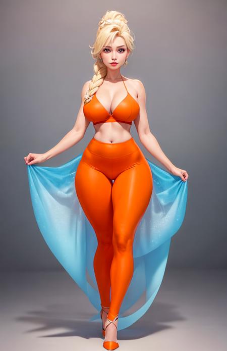 front view, ((solo)), 1girl, elsa from frozen wear ((pumpkin orange yoga pants)), full body view, facing left, (stilettos), wide hips, curvy, perfectly shaded, key visual, fantasy