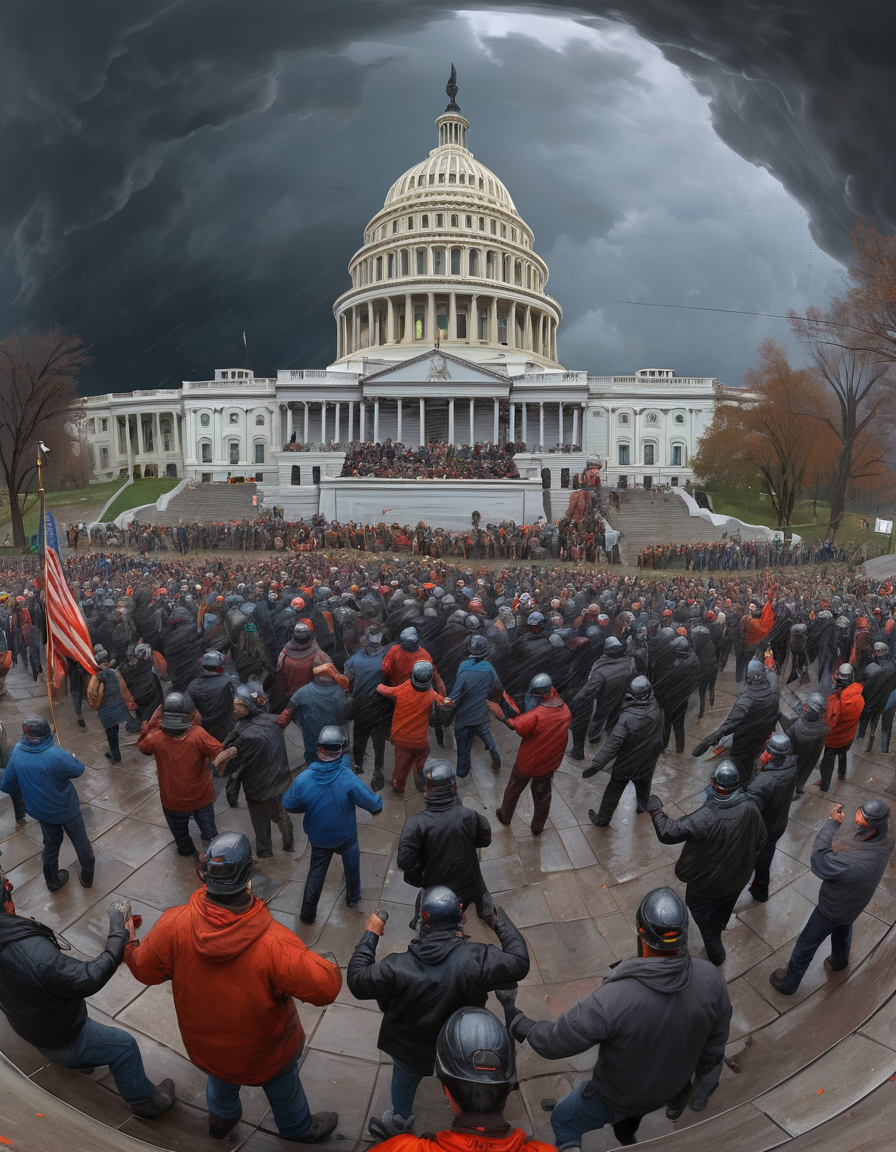 Frantic "The Capitol Hill Insurrection", Stormy weather, equirectangular 360, Hopeful, short lighting, 64K, (art by Dmitry Spiros:0.9)