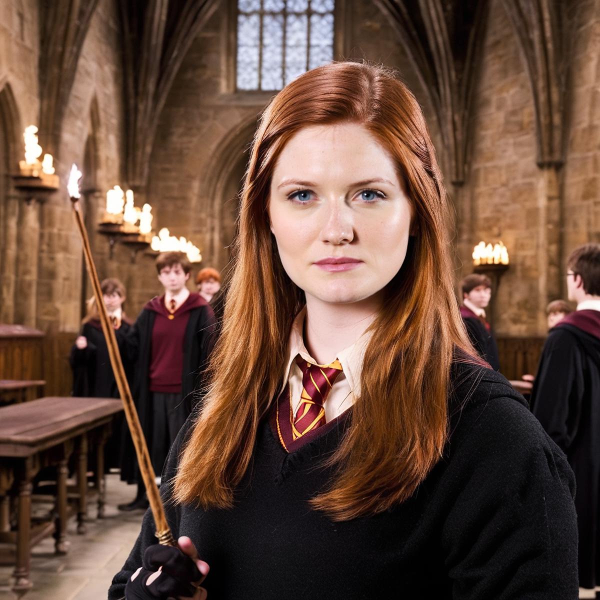 A young woman with red hair and a Gryffindor scarf holding a wand.
