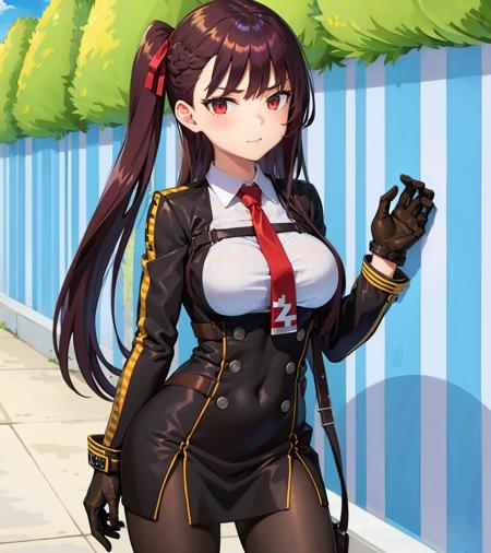 <lora:Wa2k:1>,
1girl,Wa2k,necktie,shirt,pantyhose,jacket,gloves,one side up,hair ribbon,outdoors