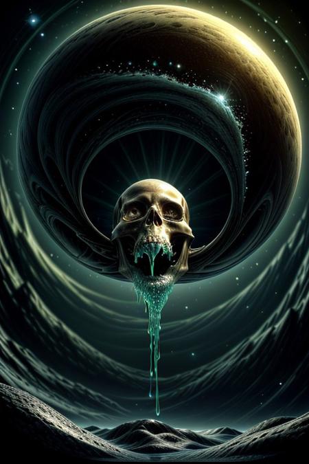 A close-up photorealistic image of a crystal-like floating skull facing dynamic view with its mouth open, pouring from it's mouth a shimmering liquid resembling the universe onto the ground, filled with rich stars and swirling galaxies. A simple void background enhances the dark atmosphere, shrouded in fog, capturing the hypnotic flow and shimmer of the cosmic liquid, side view,