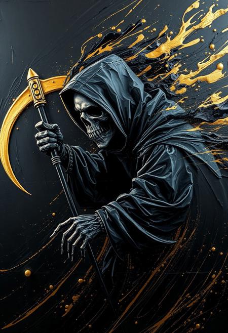 A hyper-stylistic, extremely detailed image depicts a breathtaking painting, crafted from a combination of smeared black and gold metallic paint. The Grim reaper is captured in a streaked motion, as if it is moving rapidly in one direction. The black paint is applied in bold, dynamic strokes, creating a sense of energy and movement that is contrasted beautifully by the golden accents. The gold paint is used to highlight the Grim reaper's features, adding a sense of depth and dimensionality to the image. The overall effect is one of breathtaking, surreal dynamism, as if the viewer has captured a fleeting moment in time. Every detail of the image is meticulously crafted, from the delicate, swirling patterns of the gold paint to the intricate, textured patterns of the black paint. The contrasts between light and dark, color and texture, create a sense of tension and energy that draws the viewer in, inviting them to explore the kinetic world of the painting. highest-Quality, intricate details, visually stunning, Masterpiece