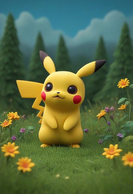 novuschroma51 style, Pikachu standing in a lush green field, surrounded by vibrant trees and colorful flowers, as bright electric sparks crackle from his rosy cheeks. The entire scene is crafted in a charming claymation style, with Pikachu’s soft, rounded clay texture giving him a handcrafted, stop-motion feel. The grass, trees, and flowers are sculpted from vividly colored clay, with visible fingerprints and smooth, slightly uneven textures, enhancing the handmade aesthetic. The electricity crackling from Pikachu's cheeks glows intensely, casting a warm yellow light onto the surroundings. The atmosphere is joyful and lively, with a bright blue sky and fluffy clay clouds. The scene has a whimsical, storybook-like charm, reminiscent of classic stop-motion animation. (masterpiece: 2), best quality, ultra highres, original, extremely detailed, perfect lighting)