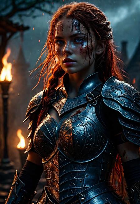 Ultra detailed digital art masterpiece Warrior girl dressed in a iron Armor, Standing on a bloody and stormy battlefield, standing in combat pose, dark fantasy medieval Town, perfect lighting, beautiful Sadie Sink as Warrior girl, attractive woman, elegant, unreal engine 5 nanite quality, mixed with dark elements, dark environment, very dark night, clean dark velour witch clothing, LOTR style, dark washed out eyeliner, no make up, natural bloody face, realistic blue eyes, ultra detailed atmospheric details, beautiful glowing effects, sparkle effects, realistic body proportions, beautiful face proportions, complex masterpiece, wavy red hair, creative glowing detailed tattoos, complex physics, enhanced colors, complimentary colors, ultra detailed raytracing reflections, Ultra detailed complex background, environment feels alive, direct eye contact, dramatic lighting, wet and sweaty skin, beautiful firm Breasts, Concept art portrait by Greg Rutkowski