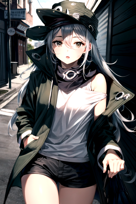 <lora:g11:0.9>, long hair, grey hair, hair between eyes, open clothes, jacket, shirt, shorts, scarf, hat,, (best quality, masterpiece:1.4), 1girl