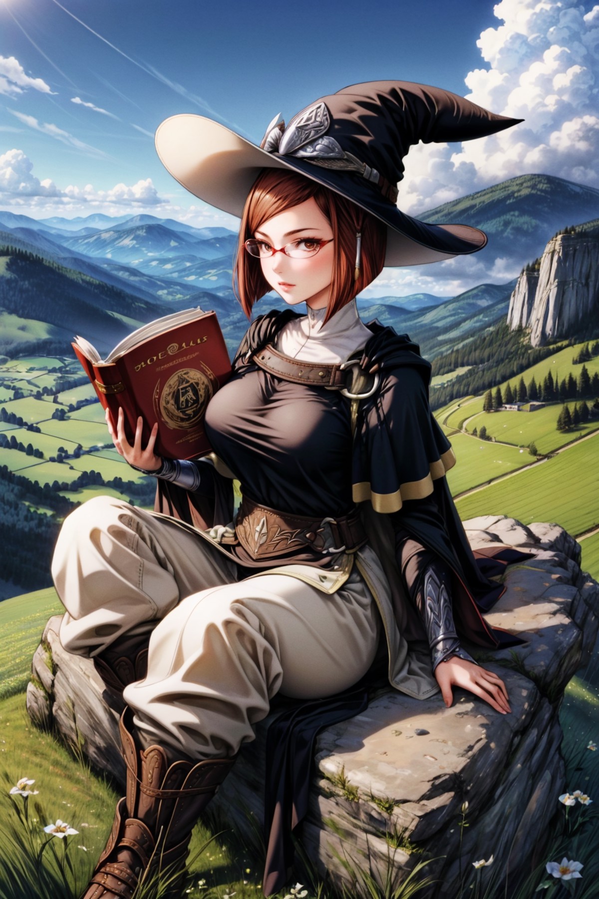 masterpiece, best quality, miriel, glasses, cape, black robe, tabard, witch's hat, brown pants, boots, large breasts, sitt...