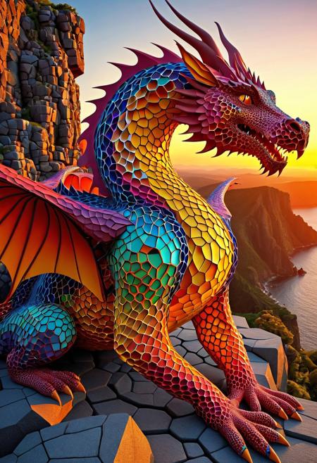 Geometric Transformation, ((Dragon)) made out of voronoi,  basalt columns, cliff edge, sunset, dramatic, vibrant colors, vivid colors, Masterpiece, best quality, amazing quality, volumetric lighting, SFW, PG, exquisite detail, digital art, highly detailed, beautiful, surreal, lazypos,