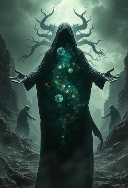 A universe inside a dark cloaked figure within mysterious landscape in an unfathomable realm of fantastic creation inhabited by ancient shadows of a forgotten time beyond the gate of the gateless gate where life is limitless, light is shadow and shadow is light, eerie sense, horror, spark of the beginning, existence and nonexistence at once, ethereal, outstretched arms, behold the end of the beginning, inglorious glory to the dark one, betrayal of the ancient order, beware the 7headed beast, destroyer of the old ways, bearer of the unbearable, nightmarish, archaic runes, tree aging backwards, breath of the gods, ruins of a place unimagined, extreme intricate detail, photorealistic, beyond epic scene, fate discarded, unseeable face of god, the end is the beginning, the beginning is the end, man arises as god dies, as above so below, as below so above, emerald tablet