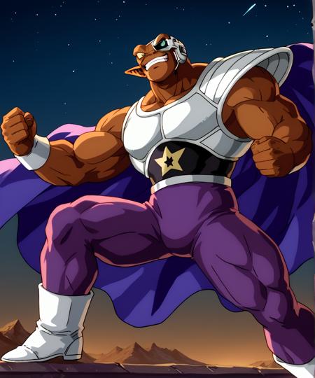 neiz muscles muscular purple skin tight bodysuit light green chest armor white gloves white boots Dragonball Z single lensed scouting device male focus brown skin 1boy armor