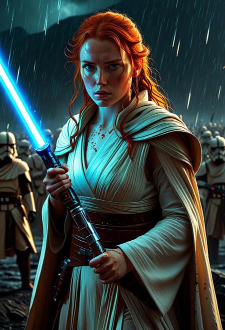 A beautiful Jedi Knight with wavy red hair stands defiantly amidst a raging storm on a desolate battlefield. Her white Jedi robe are intricately detailed and reflect the flickering light of distant fires, Star Wars style, The light of battle illuminates her determined expression as she prepares to face the dark enemy, (holding the blue Lightsaber in his hand: 1.5), Close up. Star Wars art style, Standing on a battlefield at the head of an army of Jedi Knights, where a bloody slaughter is taking place, (standing in battle pose: 1.3), cinematic lightning, intricately detailed white and brown Jedi robe, The scene is reminiscent of a Greg Rutkowski concept art piece, realstic blue eyes, realistic pale face covered in blood, with dramatic lighting and a dark, curvy, looking at viewer, gritty atmosphere, Ultra-detailed, Raytracing reflections, High contrast, beautiful Jedi Knight, beautiful firm body, girl athletic figure, (very pale freckled face: 1.3), oranges, and greens, attractive 21 years old woman, cinematic lightning, Cinematic film still, Medium shot. Best quality, Masterpiece, The scene is reminiscent of a Greg Rutkowski concept art piece, realistic pale freckled face covered in blood, with dramatic lighting and a dark, gritty atmosphere, asymmetrical balance