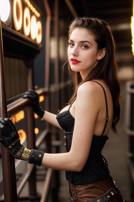 masterpiece, best quality, digital art, (NSFW), (steampunk world:1.4), a sexy woman standing in a steampunk scene, round glasses,(very long hair:1.3), straight hair, black hair, gloves, ((full body shot)), open lustful pose, sexy pose, seductive, smile, open clothes, detailed anatomy, detailed skin, detailed complex background, HDR, muted warm colors, soft lights, dynamic pose, (skinny:1.2),( freckles:1.1), waist cincher,  (full length overcoat:1.1), slight pink highlight, tight pants,