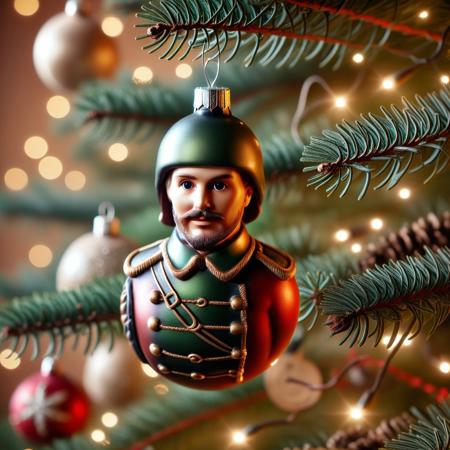 very realistic close-up photograph of a  Christmas sphere with a Christmas wooden soldier in it hanging in a Christmas tree branch