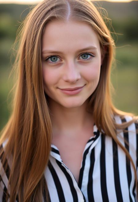 a young woman with long brown hair. She looks straight at the camera and smiles slightly. She has blond skin and expressive green eyes. A woman is wearing a shirt with vertical black and white stripes. Background nature, lighting is soft, sunset.