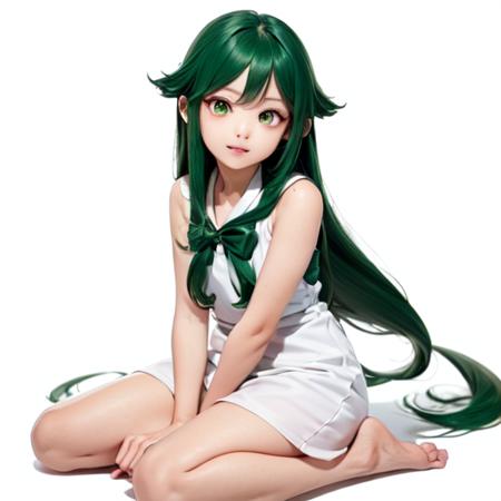 1girl, barefoot, face focus, green_eyes, (green_hair:1.4), long_hair, (saya_\(saya_no_uta\):1.5), (saya no uta:1.2),  (white_sleeveless_dress:1.2), very_long_hair, (white_background:1.4), (green hairy ear:1.2),white_dress, (saya_saya:1.5) ,wariza, (oumi jelly:1.2), (outwardly flipped hair:1.5),