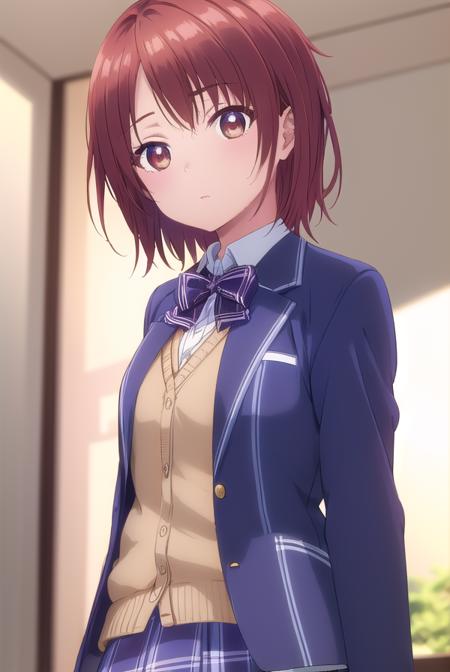 chitoseshirakawa, <lora:chitose shirakawa s1-lora-nochekaiser:1>,
chitose shirakawa, short hair, (brown eyes:1.5), red hair,
BREAK skirt, bow, school uniform, jacket, pleated skirt, plaid, plaid skirt, blazer, cardigan,
BREAK indoors, classroom,
BREAK looking at viewer, (cowboy shot:1.5),
BREAK <lyco:GoodHands-beta2:1>, (masterpiece:1.2), best quality, high resolution, unity 8k wallpaper, (illustration:0.8), (beautiful detailed eyes:1.6), extremely detailed face, perfect lighting, extremely detailed CG, (perfect hands, perfect anatomy),