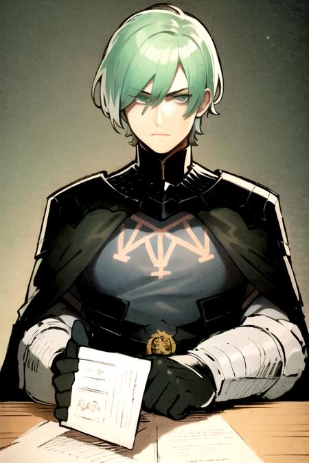 absurdres, (illustration:0.9), (sketch:1.2), (ultra-detailed), (perfect face:1.3), anime, mbyleth, 1boy, solo, green hair, green eyes, armor, gloves, black cape, (blank expression), BREAK concept art, comic book, <lora:Nyantcha-Locon:0.5> <lora:MByleth:1> <lora:Reinbach:0.5>