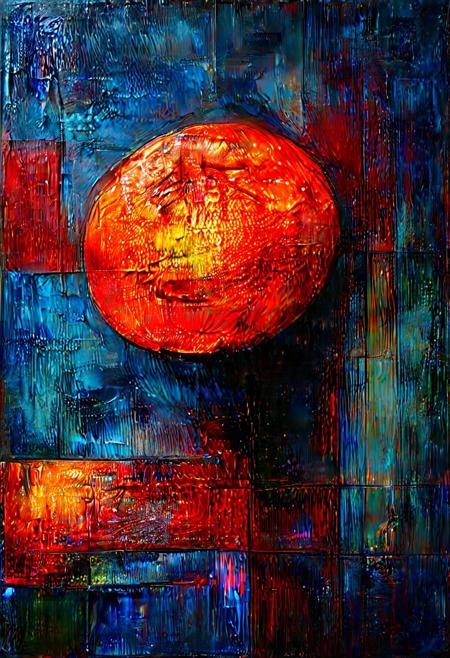 juggernautR21_v10Rundiffusion, abstract noir still life, crime scene: a murdered bloody orange (fruit), violently wide sliced open, wide sliced open,wide sliced open,wide sliced open,wide sliced open, lying center frame, knife in blood beside it, pool of "blood" (juice), high contrast chiaroscuro lighting, dramatic overhead spotlight, heavy rain streaks, wet pavement reflections, neon sign glow (red), fog, smoke, noir atmosphere, gawkers visible only as dark silhouettes in background, flashing emergency lights (red and blue) reflected on wet ground, abstract shapes, symbolic art, surreal, visually striking, absurd yet dark, grimly serious, ink wash style with dramatic splatters, --style raw