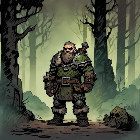 high-definition 8k comicish artwork in dgst artstyle of an old dwarven dwarf man wearing armor with green scales standing in a thick forest with fog