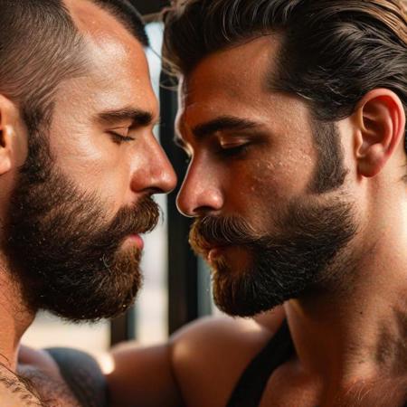dreamy romantic, candid closeup of two hairy burly Australian cowboy powerlifter men with thick dense chest hair, facial stubble and mustache, secret rendezvous, kiss, passionate, (mist rising from ground), appreciating the sunrise through windows in a foggy Qutb complex, shaved head, extremely hairy chest, walls glowing with dim sunlight, image taken using a Leica SL2 & the APO-Summicron-SL 28 f/2 ASPH lens, shutter speed 1/200s, ISO 100 and natural light, Hyper Realistic Photography, Cinematic, Cinema, Hyperdetail, UHD, Color Correction, hdr, color grading, hyper realistic CG animation ((remarkable color)), (ultra realistic), textured skin, remarkable detailed pupils, ((realistic dull skin noise)), ((visible skin detail)), ((skin fuzz)), shot with cinematic camera, 3D render, ((hyper realism)), sharp focus, cinematic lighting, photo realistic, hyper realistic. 4k, natural, global illumination, caustics, ratytracing, Unreal Engine, highly detailed, High dynamic range, vivid, rich details, clear shadows and highlights, realistic, intense, enhanced contrast, highly detailed