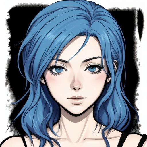 A blue haired girl. Anime style.
Black background. 
Rough lines, amateurish.
epic.