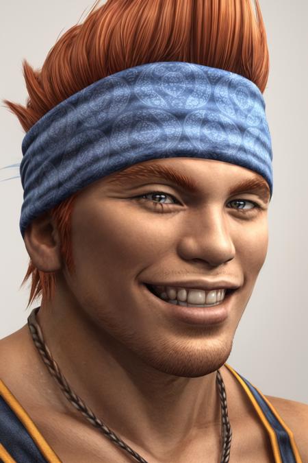 wakka,  solo,  smile,  simple background,  1boy,  white background,  male focus,  orange hair,  grin,  headband,  facial hair,  portrait,  bandana,  blue headband,<lora:EMS-93-EMS:1.000000>,<lora:EMS-270520-EMS:0.800000>