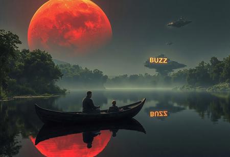A hyperrealistic cinematic photograph, resembling a shot taken with an iPhone 12, captures a serene moment on a lush, verdant planet within the Warhammer 40K universe. In the foreground, a small, Viking-style boat, constructed from almost black, highly detailed wooden planks, floats gently on a smooth, mirror-like river that perfectly reflects the surrounding environment. Seated in the boat are a man and his son, their silhouettes visible against the backdrop as they gaze skyward. The scene is illuminated solely by the crimson glow of a massive red giant gas planet overhead. Dominating the sky is a colossal Lunar Wolves battleship, its immense silhouette partially obscuring the gas giant, extending beyond the frame of the image. Closer to the ground, a second ship flies low, emblazoned with a giant, glowing "BUZZ" on its hull. The composition emphasizes the contrast between the tranquil, natural setting and the imposing, futuristic spacecraft, creating a poignant juxtaposition. The image is rendered in ultra-high detail, capturing the intricate textures of the boat's wood, the stillness of the water, and the atmospheric lighting, evoking a sense of awe and wonder.