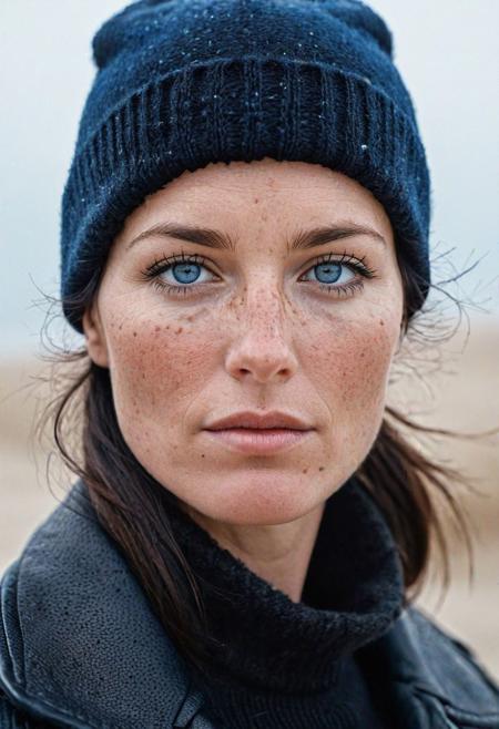 Stunning analogue photo of a beautiful 44 years old Dutch woman, sweater, leather jacket, beanie, perfect face, absolute beauty, sexy pose, natural raven black hair, ponytail, blue eyes, freckles, freckles and moles all over body, realistic freckles, detailed skin texture, textured skin, hyperdetailed face, perfect tits, big tits, soft natural tits, Dunes along the Dutch coastline, early morning, very foggy, soft natural early morning light, ultra realistic, extremely detailed