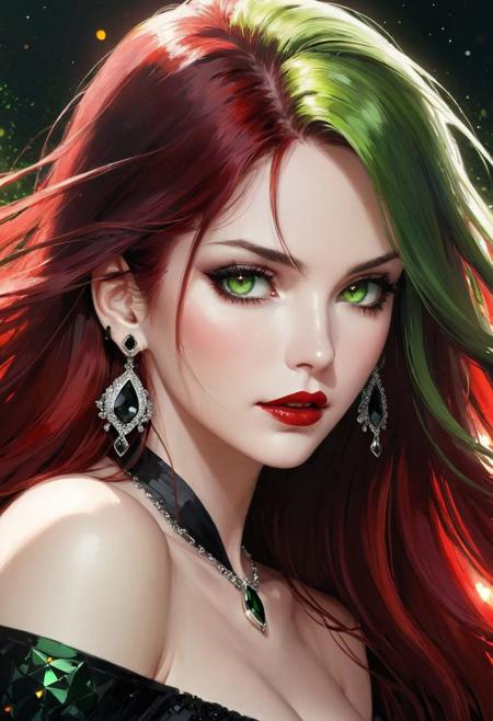 1 girl, solo, beautiful mature women, beautiful women, detailed face, (white skin:1.2), bare shoulder, blushing, (red and black fading long hair:1.2), light green eyes, dark lipstick, dark eyeliner, large ring shaped earing, serious look, ((oil paint texture)), black and red, dark colors, illustration anime, black crystals