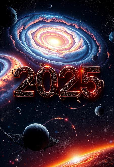 "2025" embedded in deep space, surrounded by intricate nanostructures, swirling wormholes, vast galaxies, the glowing Milky Way, and a shimmering cosmic ether. The scene is a cinematic sci-fi masterpiece, with vivid colors, deep contrasts, and an ethereal glow illuminating the text. The numbers appear as if forged from luminous stardust and energy, seamlessly blending into the cosmic landscape, evoking a sense of awe and infinite possibilities.
Midjourney_Whisper