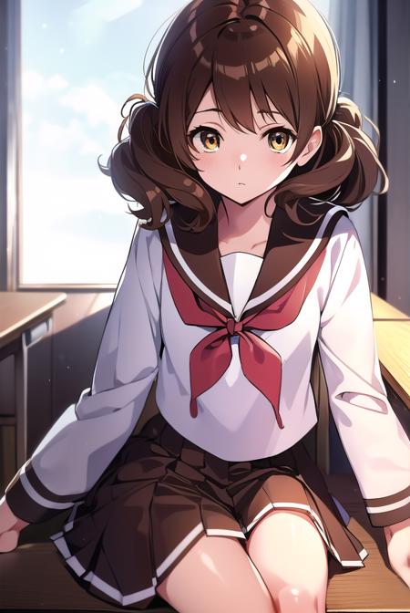 kumikooumae, <lyco:kumikooumae-LYCORIStest:1>,
kumiko oumae, (brown eyes:1.5), brown hair, short hair, wavy hair, (flat chest:1.2),
BREAK brown shirt, brown skirt, kitauji high school uniform, long sleeves, neckerchief, pleated skirt, red neckerchief, sailor collar, school uniform, serafuku, shirt, skirt, uniform, white sailor collar,
BREAK looking at viewer,
BREAK indoors, classroom,
BREAK <lora:GoodHands-vanilla:1>, (masterpiece:1.2), best quality, high resolution, unity 8k wallpaper, (illustration:0.8), (beautiful detailed eyes:1.6), extremely detailed face, perfect lighting, extremely detailed CG, (perfect hands, perfect anatomy),