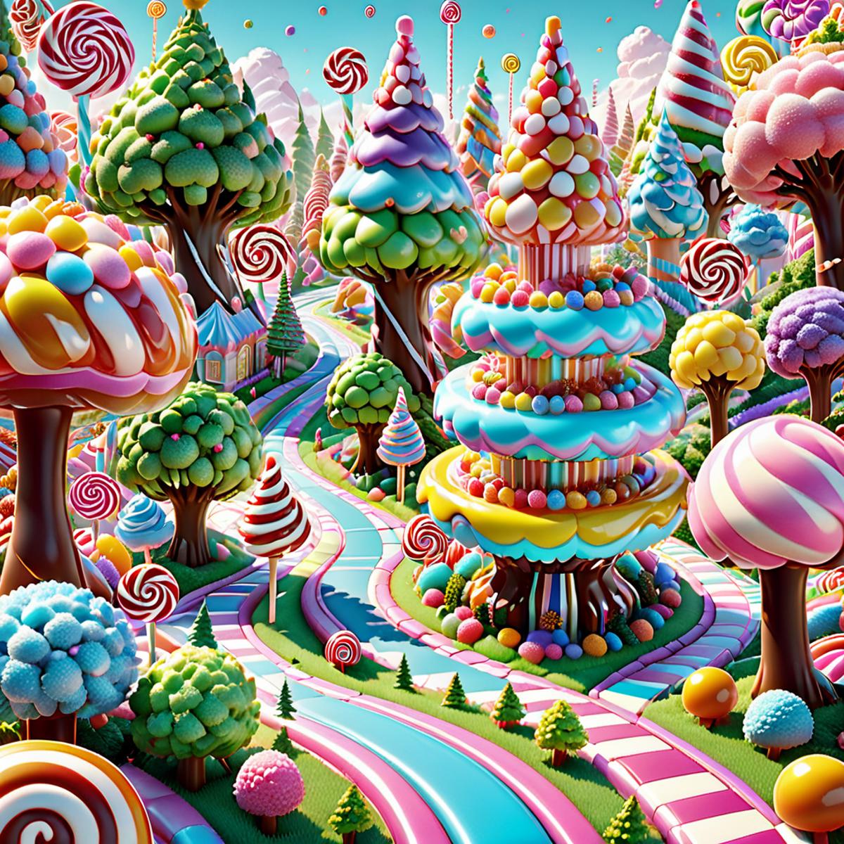 A whimsical scene of a candy land with a road made of lollipops and candy canes.