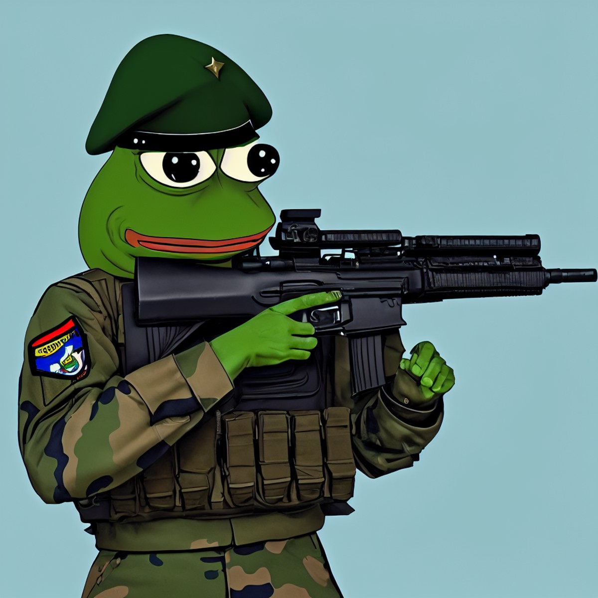 cartoon PepeFrog dressed in a military uniform holding an assualt rifle <lora:PepeFrog:0.7>