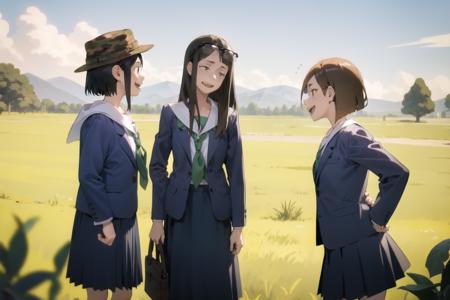 (3girls:1.2), outside, field, laughing
BREAK
<lora:amidori-000035:1> 1girl, amidori, black eyes, sanpaku,
child,
camouflage headwear, bhat,
serafuku, pleated skirt, blazer, blue skirt
BREAK
<lora:kanamori-000028:1> 1girl, kanamori, eyewear on head, freckles
tall female,
serafuku, pleated skirt, blazer, blue skirt
BREAK
<lora:tsubame-000031:1> 1girl, tsubame
serafuku, pleated skirt, blazer, blue skirt