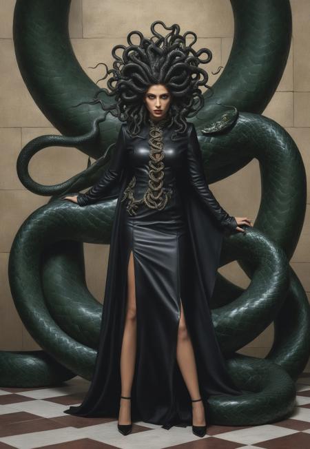 Surrealism, Painting, Incredibly Detailed Accurate Portrait Of medusa wearing a full-body black leather dress, In The 20th Century Fashion Motif,  standing in front of a victim that she turned to stone. medusa's hair are snakes that are all looking in different directions. medusa is wearing suit for females it is scaly. medusa is about to slither away. medusa's legs are a snake tail, Corporate Attire