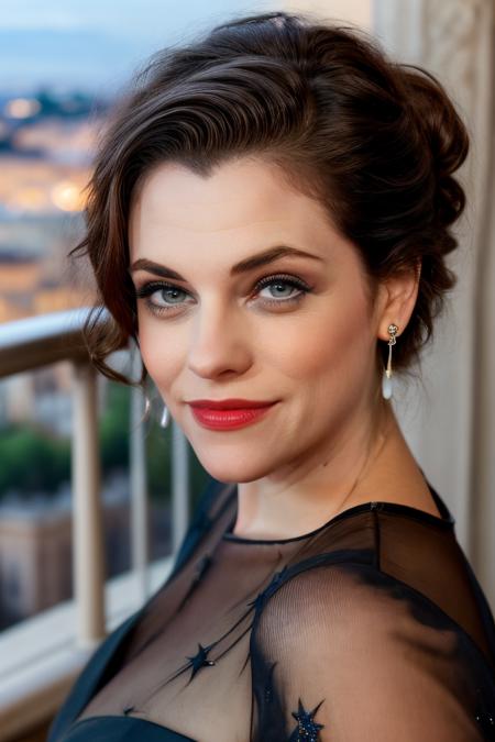 Professional photograph of JDG Woman, (portrait), she's looking at the camera, smiling, wearing red lipstick, eyeliner, earrings. She's wearing a black formal dress. Standing in a balcony, overlooking city of Rome. Modern Rome, night time, starry sky background, palazzos, beautiful buildings. She has dark hair, her hair is pulled back and combed to the sides, she has blue eyes, and a beautiful smile. 4k, 8k, masterpiece, highest quality, bokeh, absurdres <lora:Jessica De Gouw 1.0 by Mal-1716:0.8> <lora:add_detail:0.6> brow risen