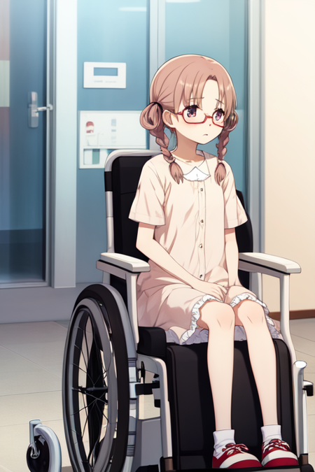 hiiraginemu, hospital gown, sitting, hospital exterior, wheelchair, sad, glasses