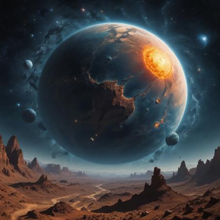 The planet Vinci, as it's called by most scientists, is a carbon planet in a vast solar system with twenty-four other planets.
Vinci is about 2.0 times bigger than Earth and its gravity is about 1.22 times that of Earth.
A single day lasts 38.41 hours and a year lasts 454 days. The planet is made up of 11 continents, which make up 53% of the planet's landmass.
3 moon(s) orbit the planet and Vinci itself orbits a blue sun in an elliptic orbit.
This planet may be devoid of life, but there's an abundance of resources, many of which are usually quite rare on many other planets. Life is certainly possible on this planet, as the conditions are just right, so this planet is a prime location for any species looking for a new home or for a place to gather resources.e, in the style of nicola samori,<lora:TWbabeXL01:0.5>