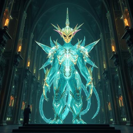 Masterpiece 5 protozoa/humanoid, bioluminescence translucent  body, with no ears and no nose, 32k, 16k, 8k, masterpiece, cinematic art, Kaiju bioluminescence translucent armor, standing inside a bioluminescence translucent cathedral,