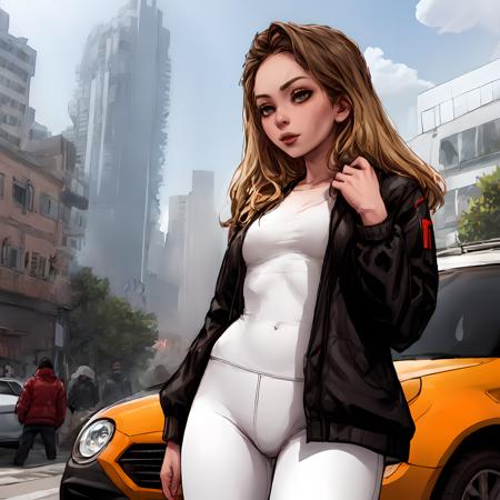 (masterpiece:1.2, best quality:1.2, high resolution) , <lora:Angel_Smalls:1> angel smalls,  ((white leggins)), ((black jacket)), city, sky, sun, sun rays,  shadow,  cars, peoples,, <lora:SashaKhmel-10:0.7> <lora:add_detail:0.75>