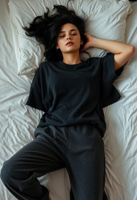 realistic photo of a cute german woman lying on her back on the bed wearing an oversized band tshirt and oversized sweatpants with messy black hair