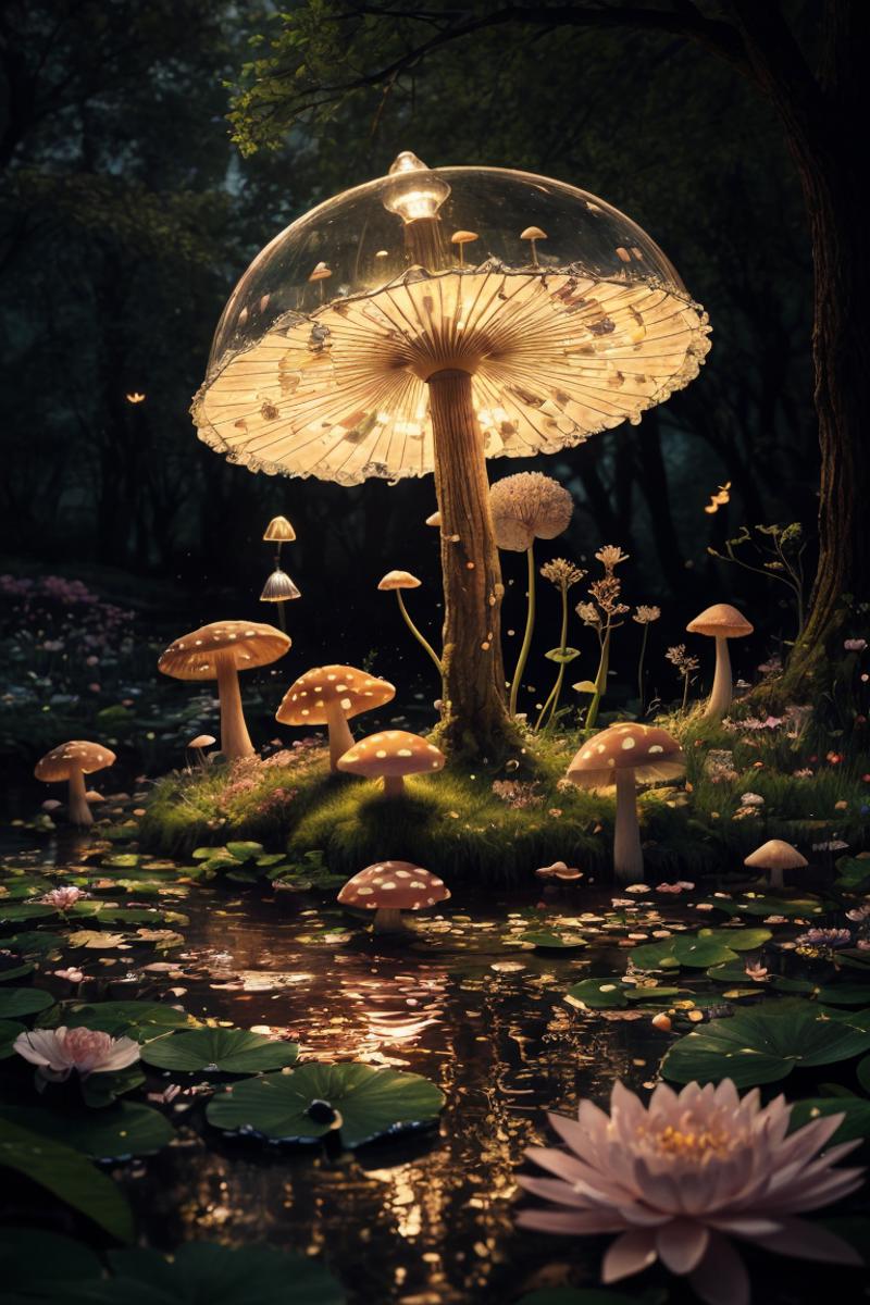 A beautifully lit mushroom forest with a large umbrella-like mushroom as the centerpiece.