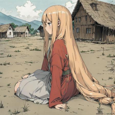 Raw,illustration,(muted color,partially colored:0.8),hand_drawn,detailed linear hatching\(texture\),official art,recolored,flat color,
1girl,long hair,sitting,village,